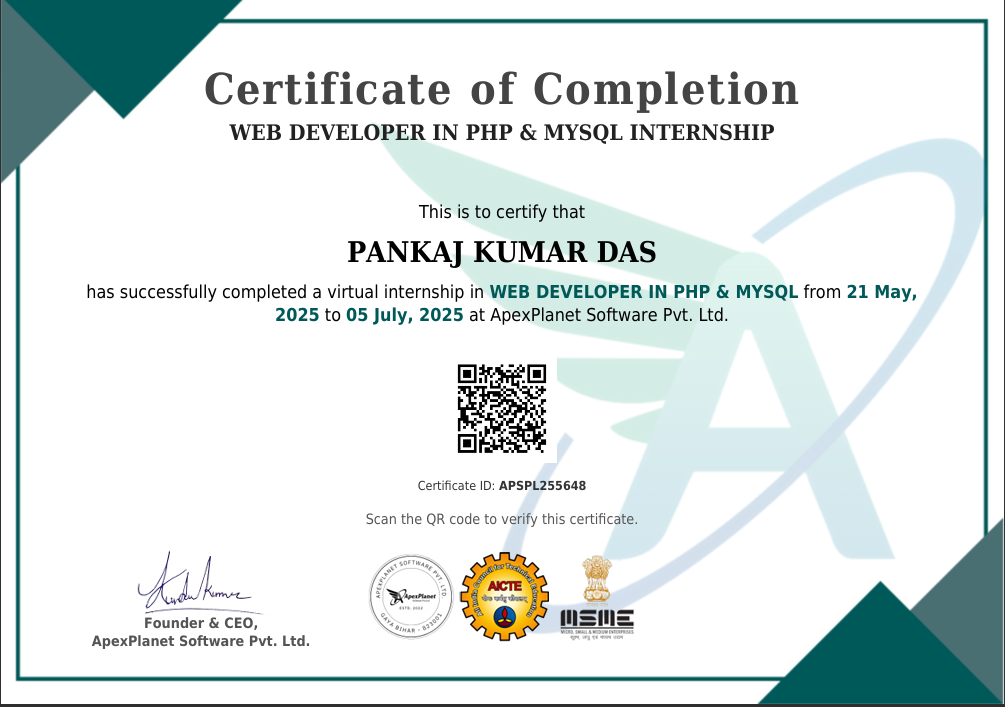 ApexPlanet internship certificate